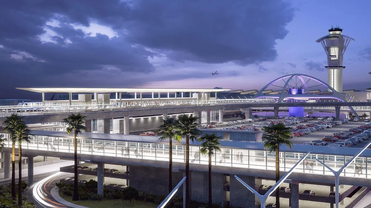 A render of several buildings in the foreground, including tracks for automated transportation, while a tall tower is in the background.