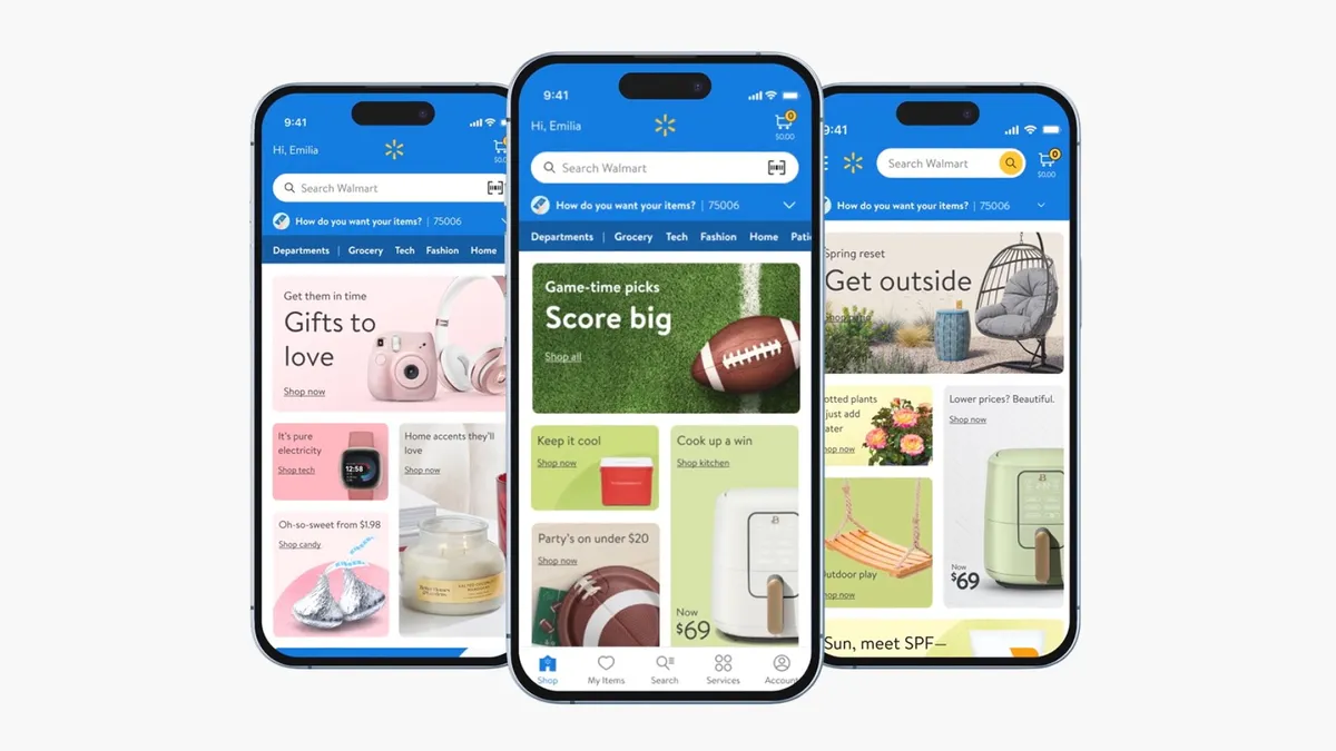 Three phones show the main page of a major retailer's shopping app.