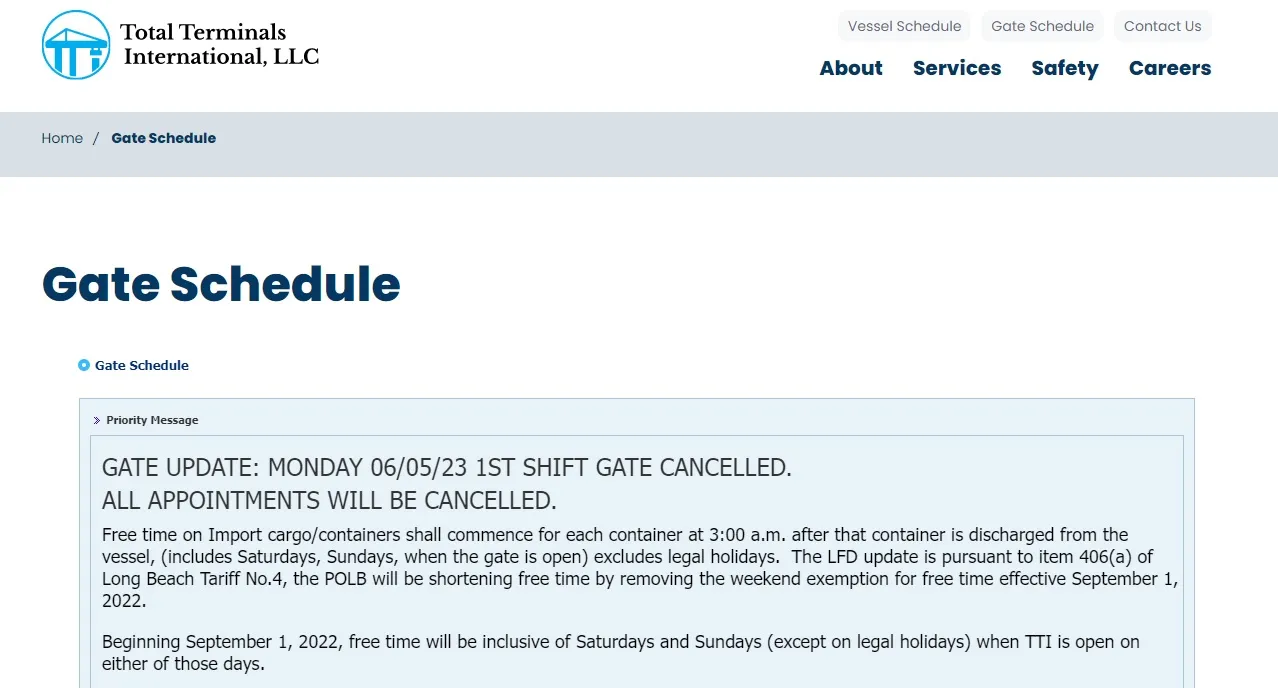 A screenshot of Total Terminal International's website, indicating truck gates would be closed for the day shift Monday, June 5.