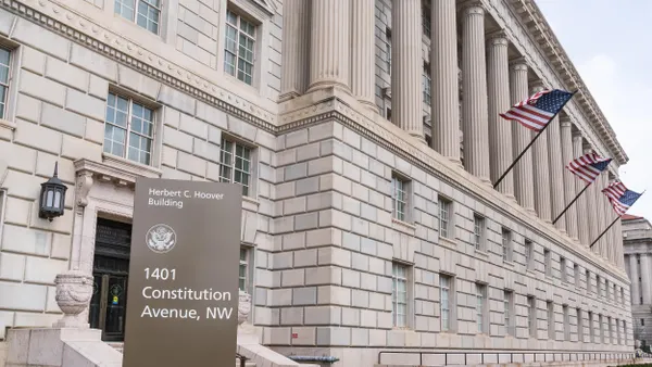 The Herbert C. Hoover Building, headquarters of the U.S. Department of Commerce, located at 1401 Constitution Avenue NW in Washington, D.C., showcasing its Neoclassical architecture with a colonnaded façade and limestone exterior.