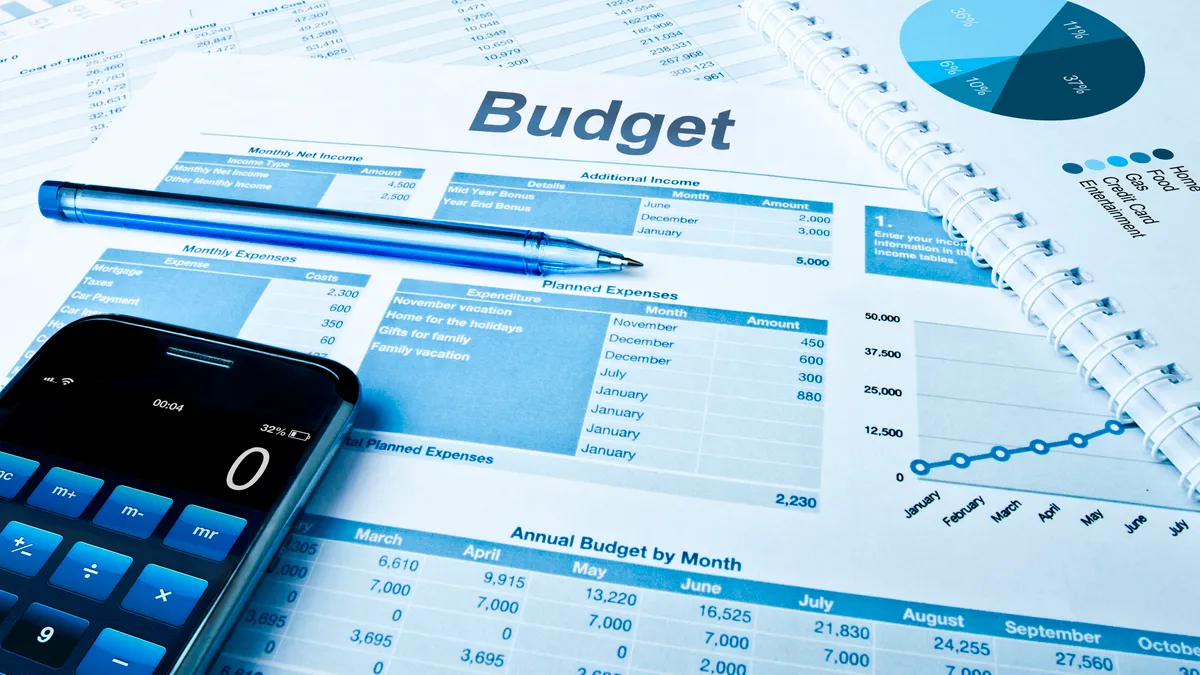 Budget planing with calculator and pie charts.