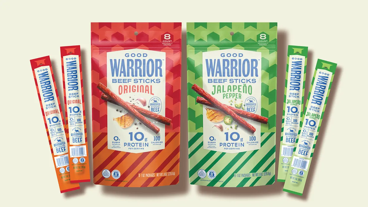 Packages of PepsiCo's Good Warrior meat sticks.