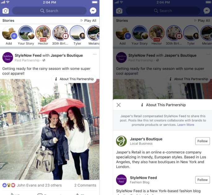 An example of Facebook's new partnership information tag
