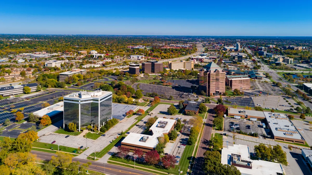 An overhead view of the Overland Park, Kansas, cityscape.