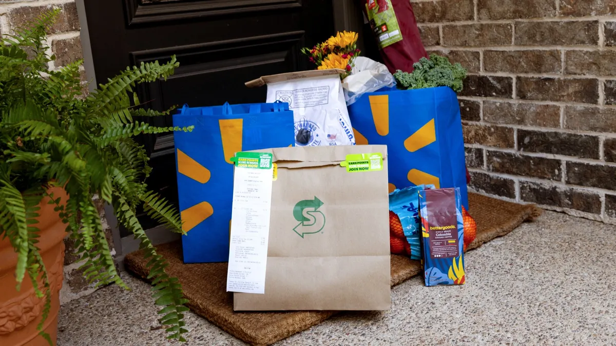 A Walmart and Subway delivery package on doorstep