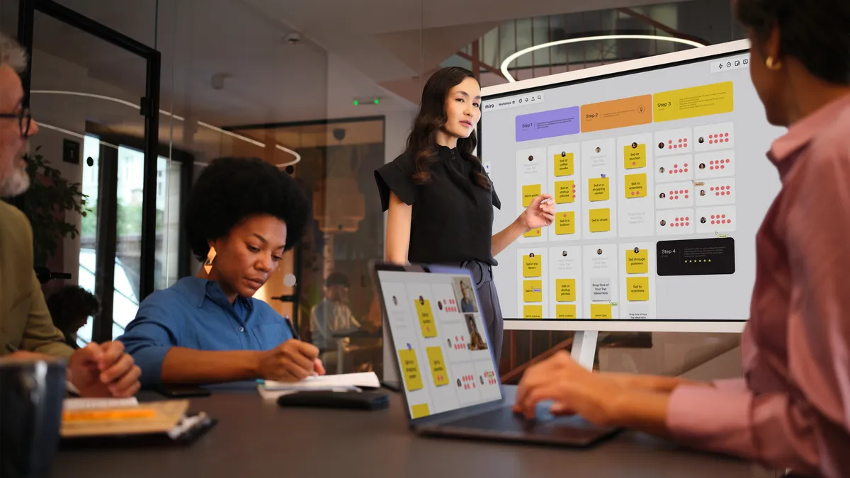 A group of product team workers in a brainstorming session in an office room with a large monitor.