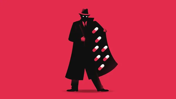 Illustration of a man in a black coat offering pills for sale.