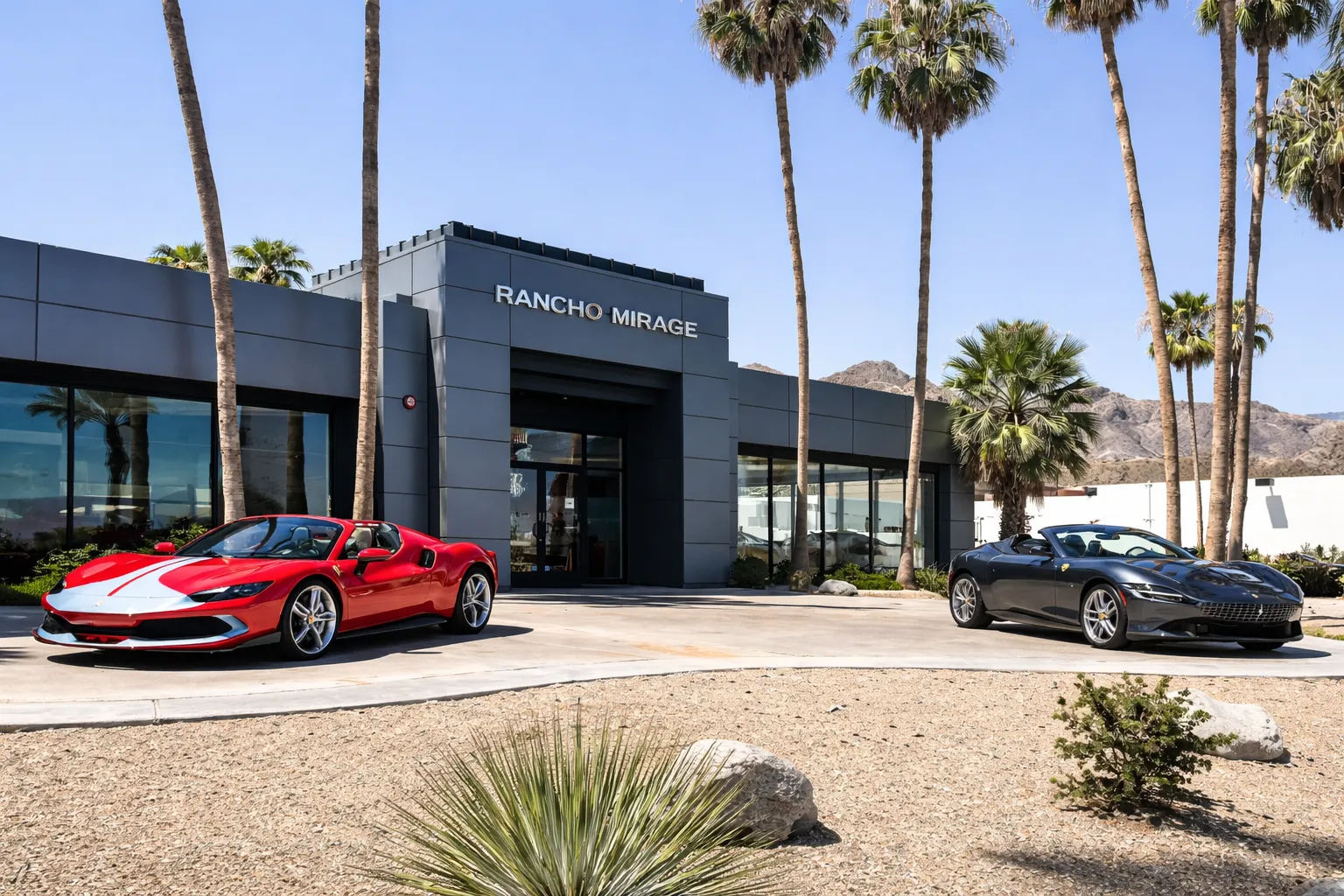 Two vehicles, a red Ferrari and a black one, are parked in front of a building: Ferrari of Rancho Mirage.