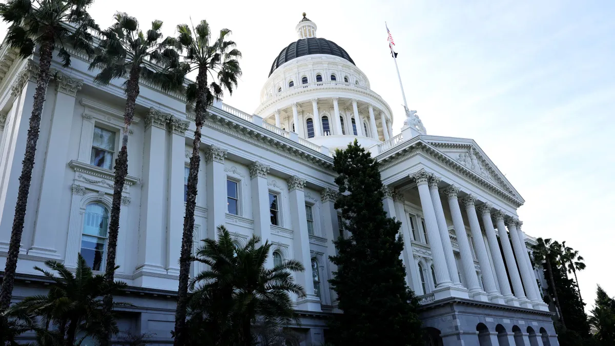 An exterior view of the California state capitol building.