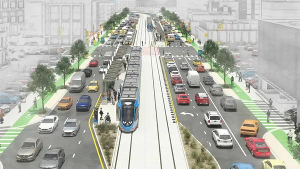 rendering of a light rail trail coming toward the viewer on a track in the middle of a multi-lane road