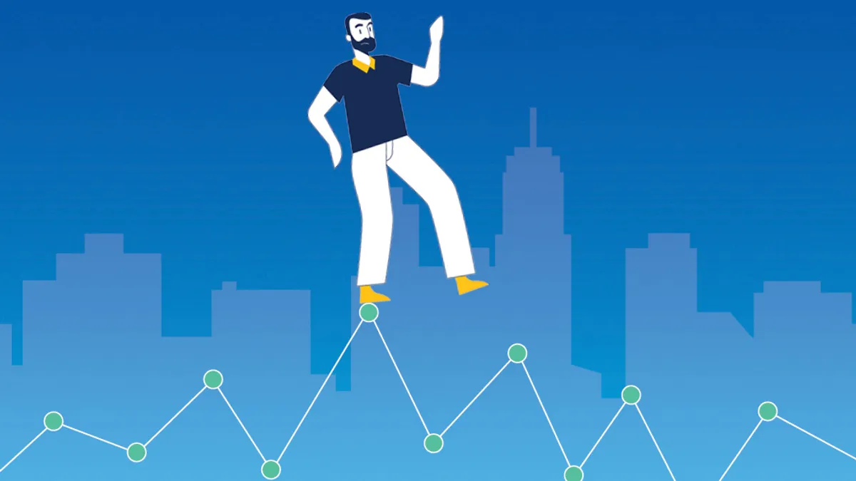 Illustration of man walking on top of a line graph with a city scape in the background.