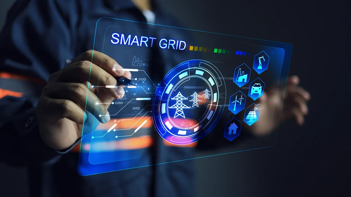 A rendering of a smart grid concept, with an electrical engineer operating a control panel distributor dashboard on a grid distribution network.