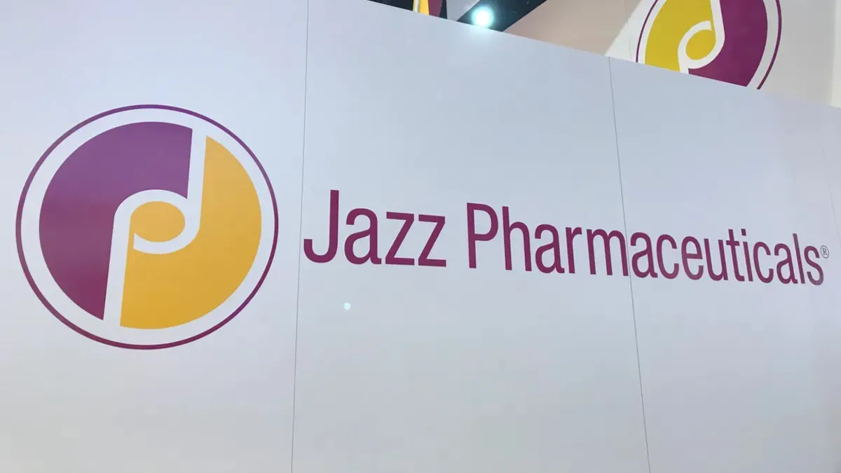 A sign for Jazz Pharmaceuticals is displayed at the ASCO annual meeting in Chicago on June 2, 2018.