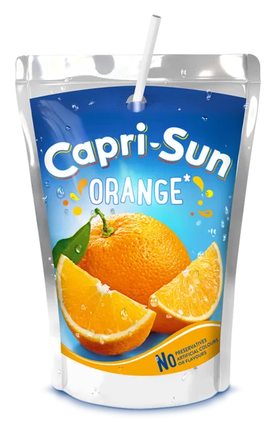 A pouch of orange-flavored Capri-Sun beverage with a straw in it.