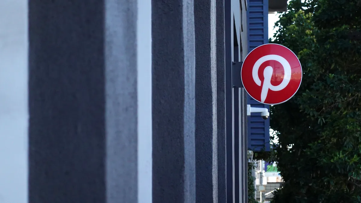 A sign is posted in front of a Pinterest office on February 06, 2023 in San Francisco, California.