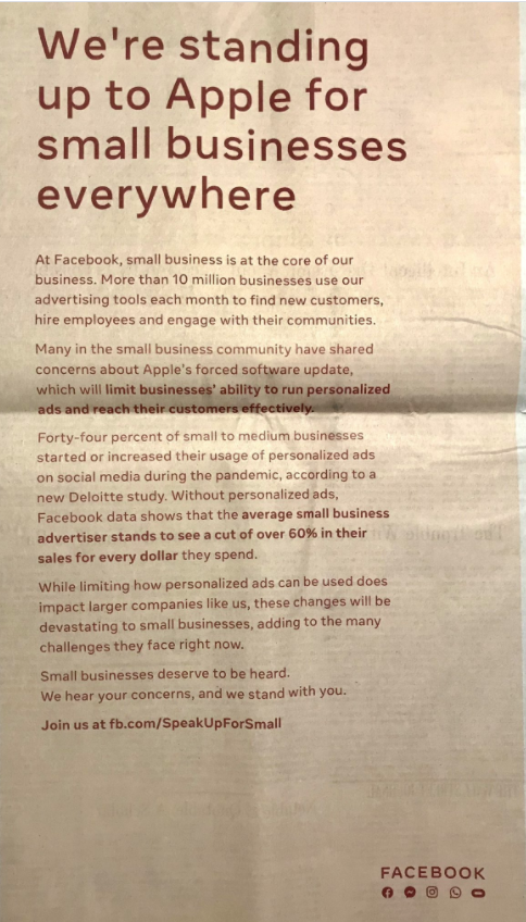 Facebook full page newspaper ad