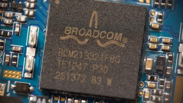 Close up image of a Broadcom silicon computer chip.