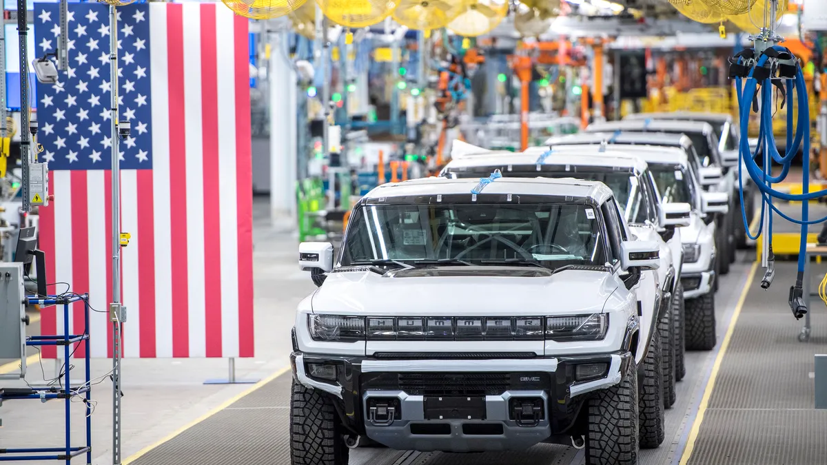 GMC Hummer EVs on the assembly line at General Motors' Factory ZERO EV plant in Detroit, Michigan.