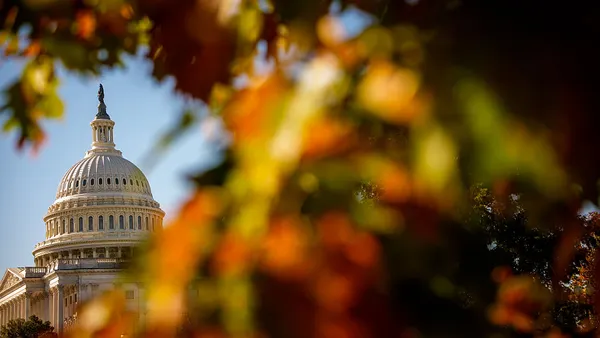 Dome of the Capitol building behind autumn leaves.