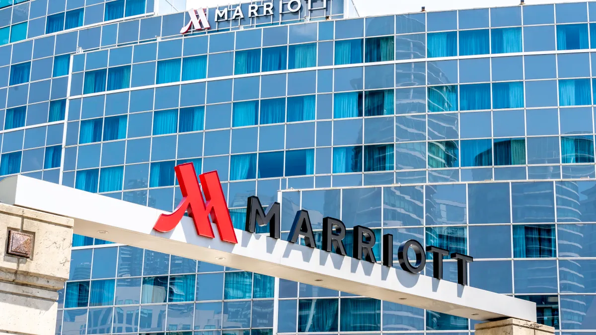 The exterior of a Marriott hotel.