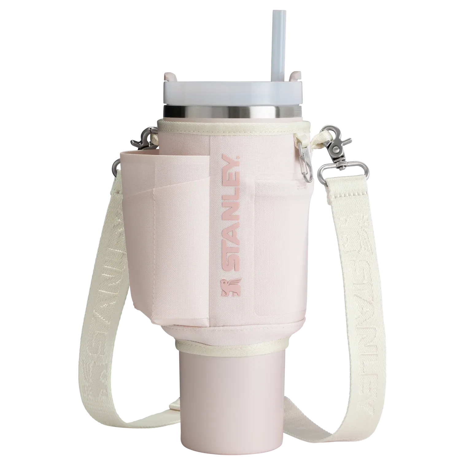 A pink water bottle in a pink and white holder with a strap.