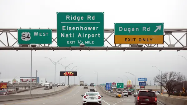 A highway exit sign is seen at the Dwight D. Eisenhower National Airport in Wichita, Kansas