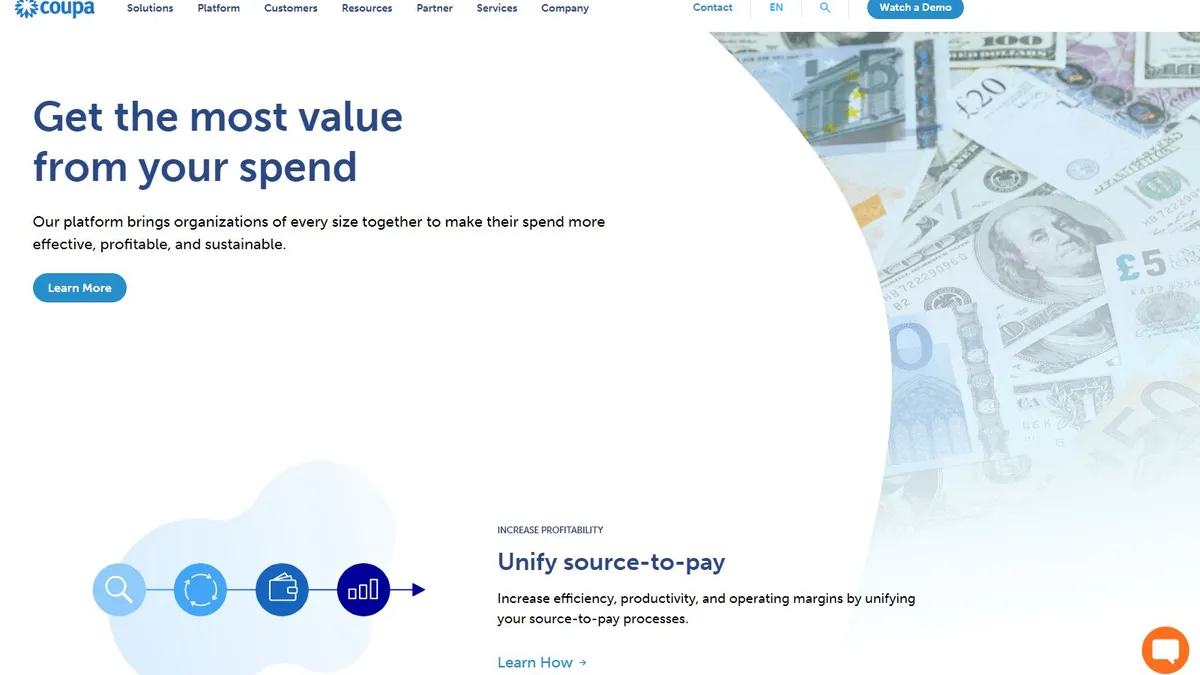 Coupa website homepage which features logo and a menu at the top and a 'learn more' button in the center, with images of money at the right side.