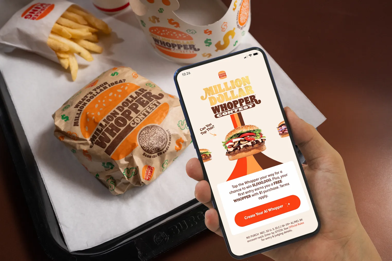 A person holds a smartphone that displays Burger King's AI Whopper experience.