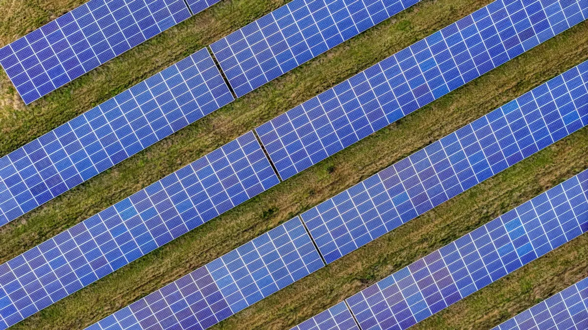 An aerial view of the Shotwick Solar Energy Park on February 25, 2025 in Deeside, Wales.