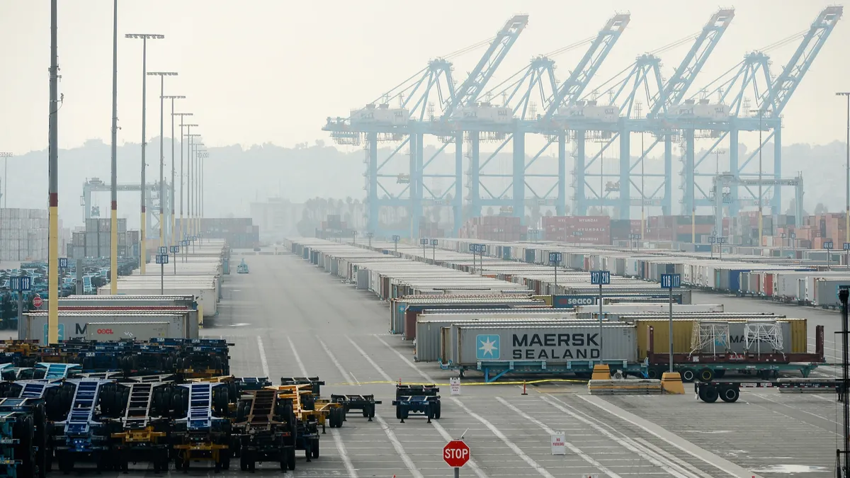 A view of containers and cranes on a foggy day at a terminal in Los Angeles on Dec. 4 2012.