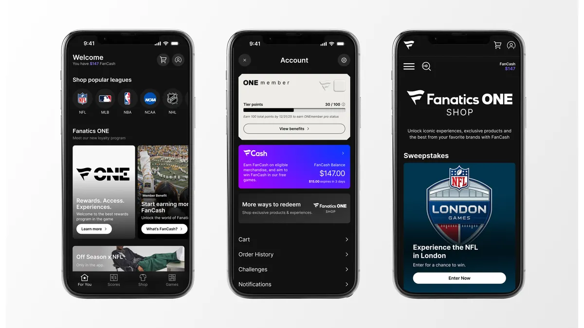 The Fanatics ONE loyalty program on several phones.