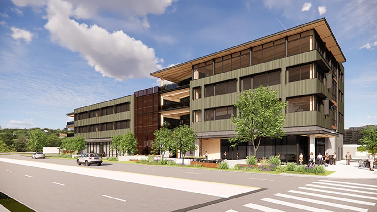 A rendering of a building made of mass timber, on a green lot in front of pavement.