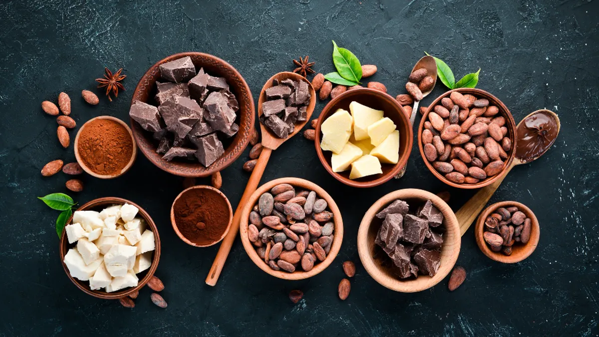 Bowls and spoons filled with cocoa beans, cocoa powder, cocoa butter, and chocolate chunks arranged on a dark surface.