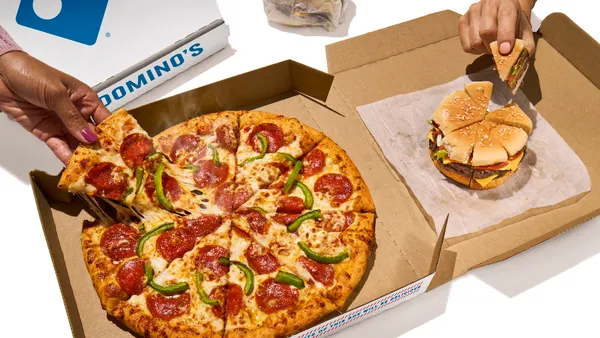 Domino's pizza and a fast food burger