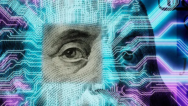 Technology-themed overlay atop a U.S. bill