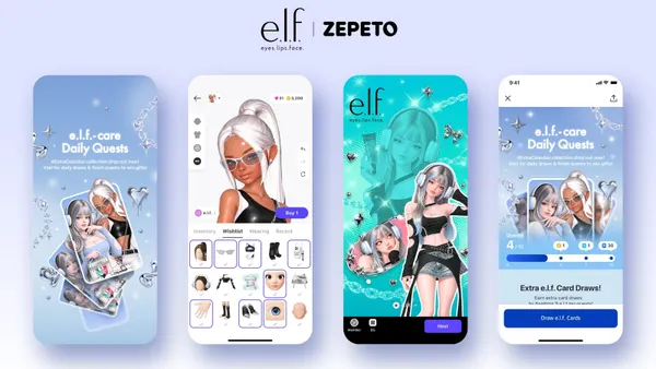 Four images shaped like a phone screen showing Zepeto avatars with E.l.f.-branded looks.