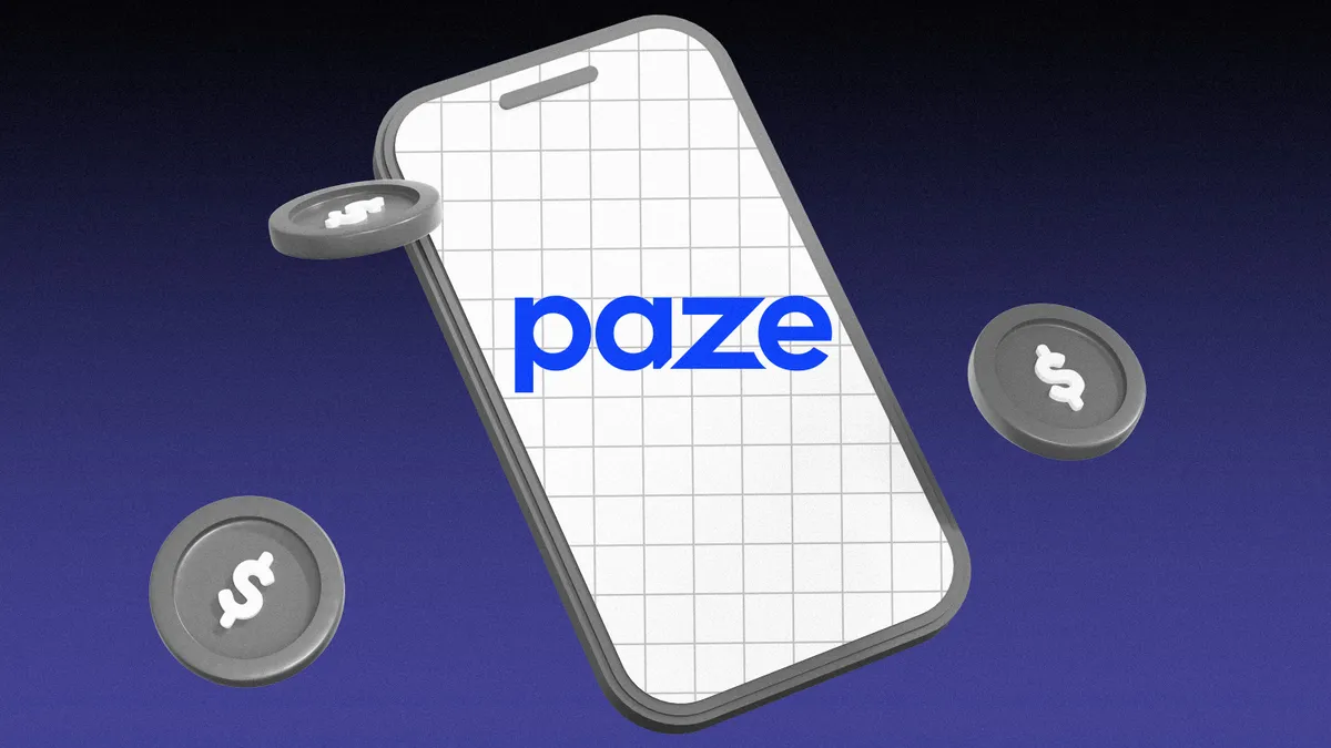 Paze's logo is displayed on a smart phone.