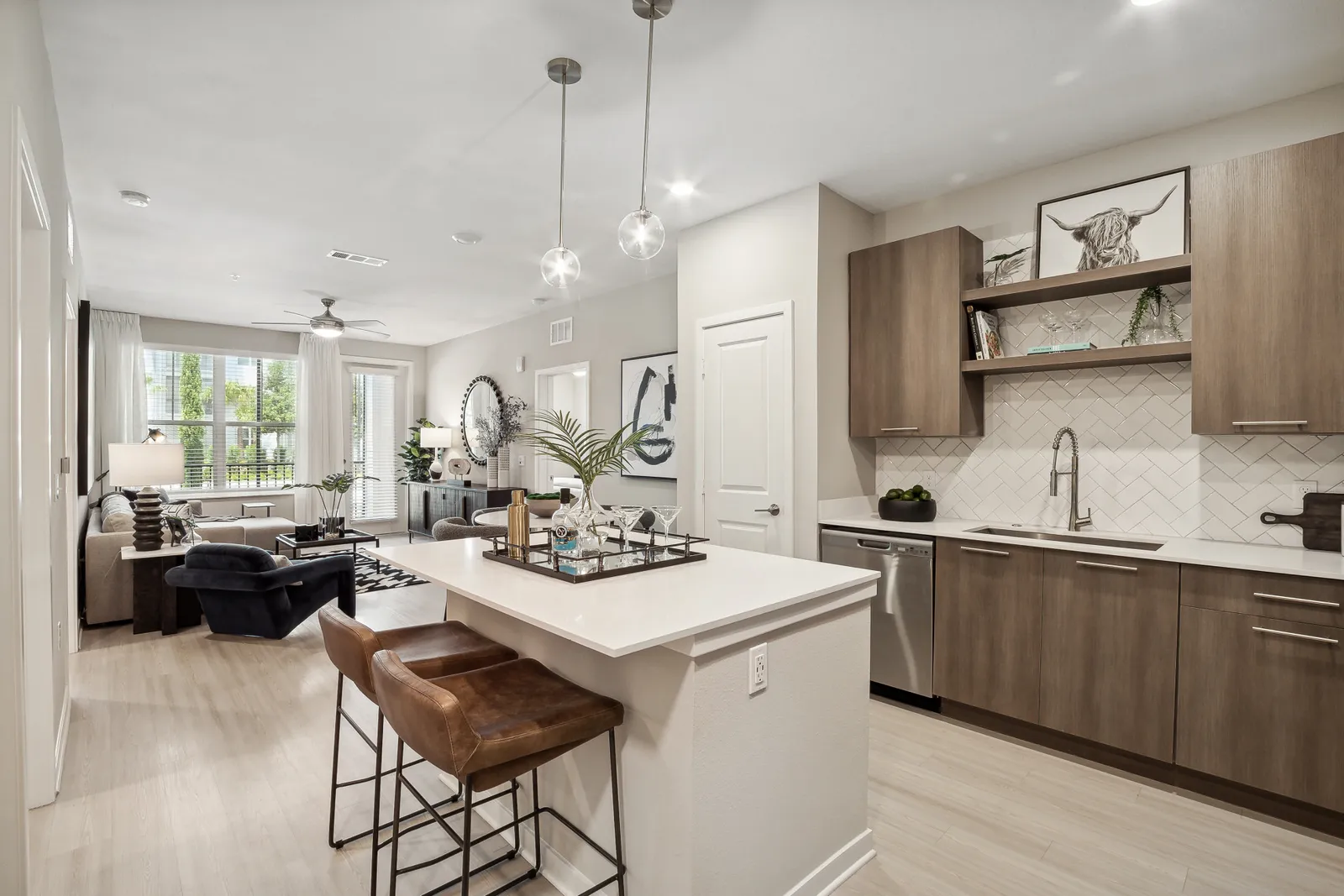 A kitchen and living room area.