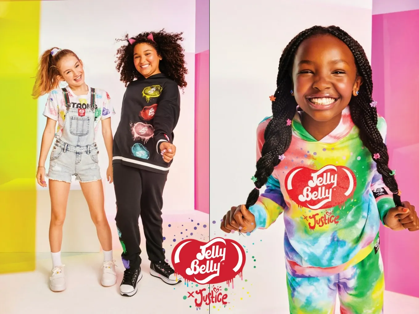 Three children in bright clothing face the camera.