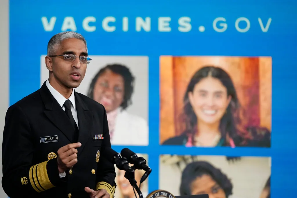 U.S. Surgeon General Dr. Vivek Murthy speaks in the South Court Auditorium at the White House complex November 22, 2021 in Washington, DC.