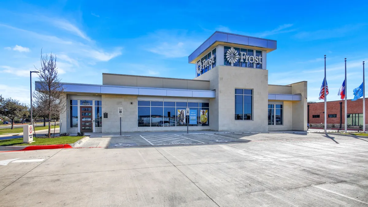 A Frost branch in Kyle, Texas is shown, with "Frost" signage on the building.
