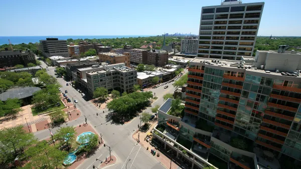 An aerial view of Fountain Square in Evanston, Illinois.