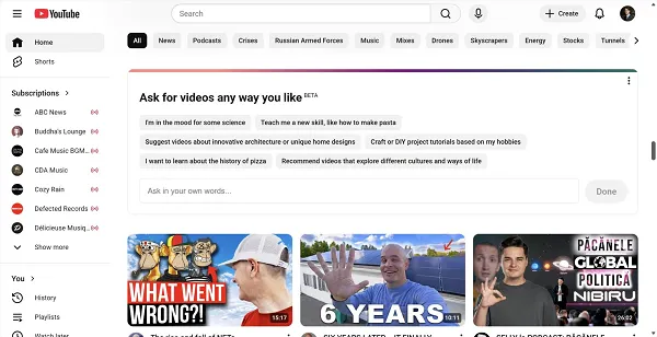 YouTube custom feed AI