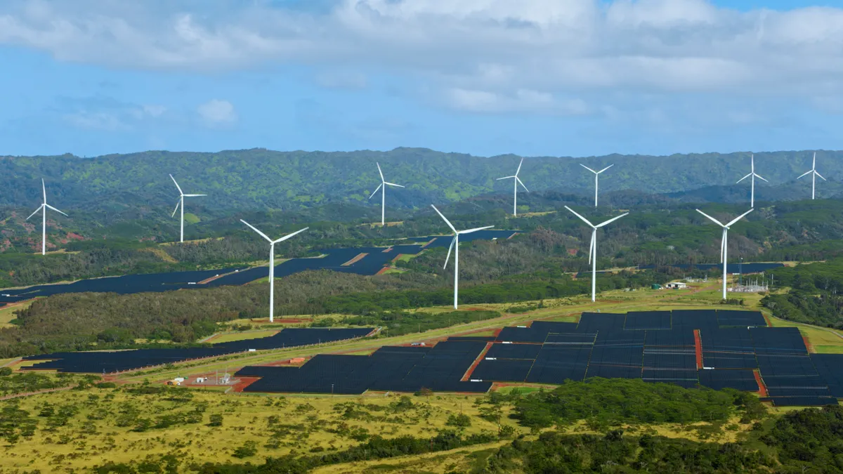 Aerial view of wind farm and solar farms on the island of Oahu in Hawaii Islands.