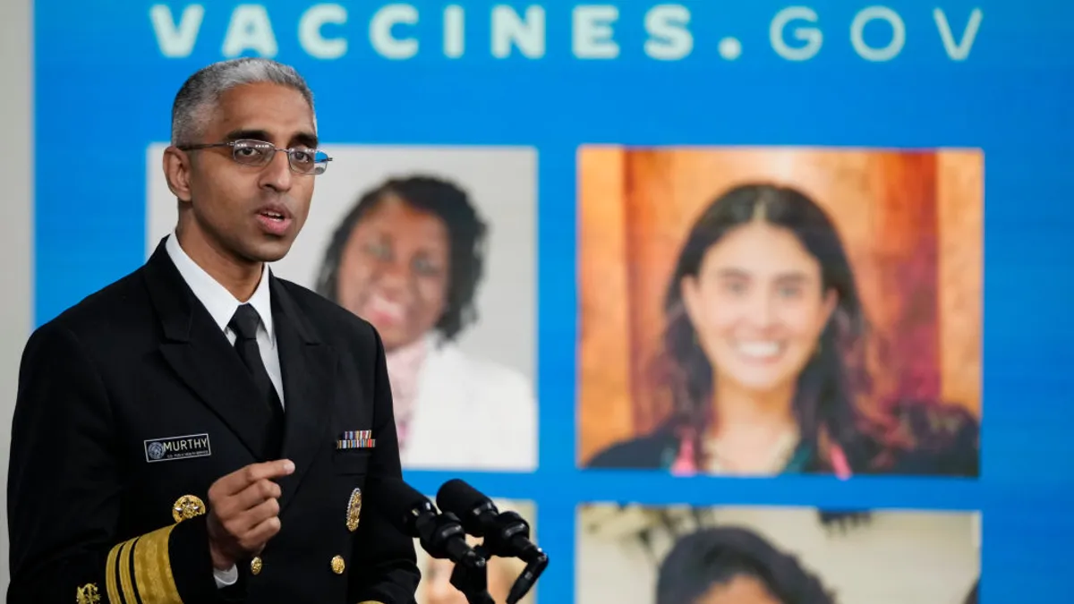 U.S. Surgeon General Dr. Vivek Murthy speaks in the South Court Auditorium at the White House complex November 22, 2021 in Washington, DC.