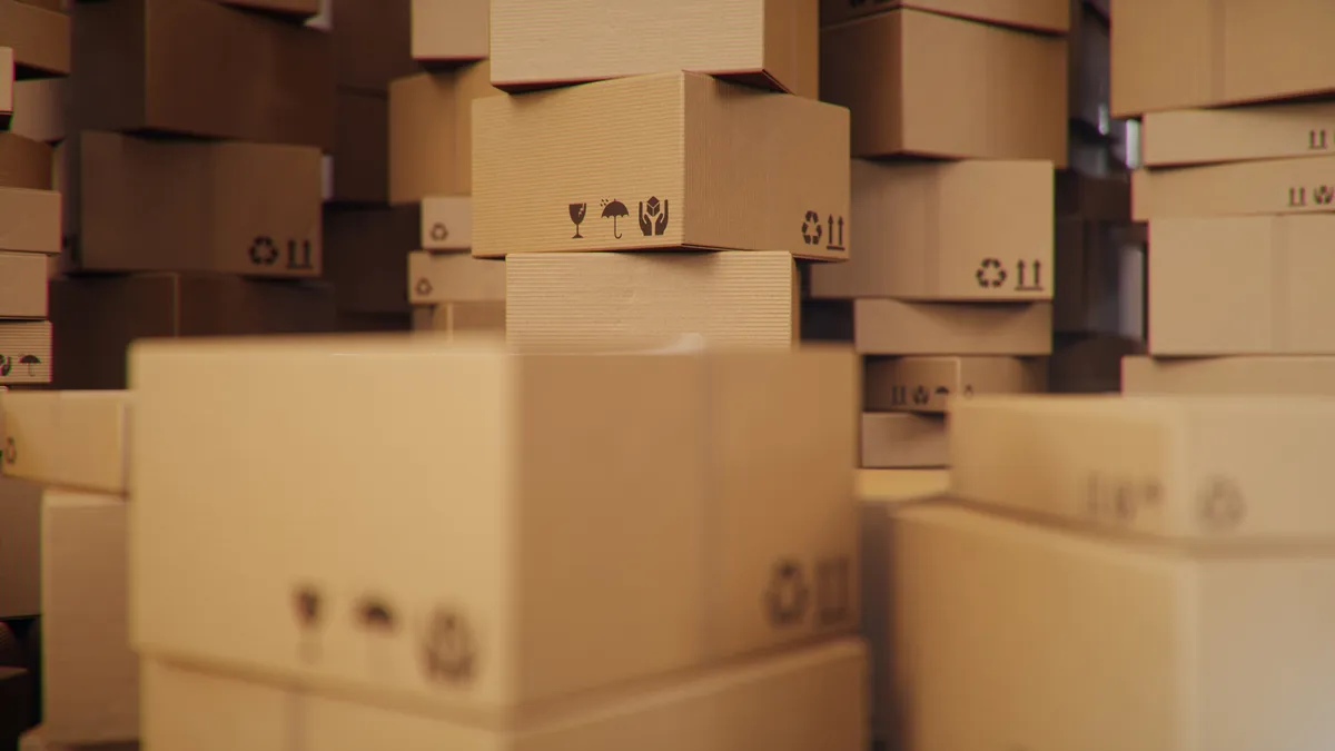 Stacks of cardboard boxes in a logistics center