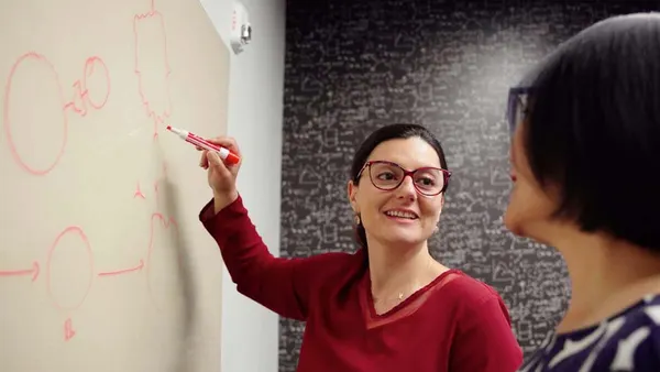 Image of a woman talking with a colleague, while illustrating on a whiteboard