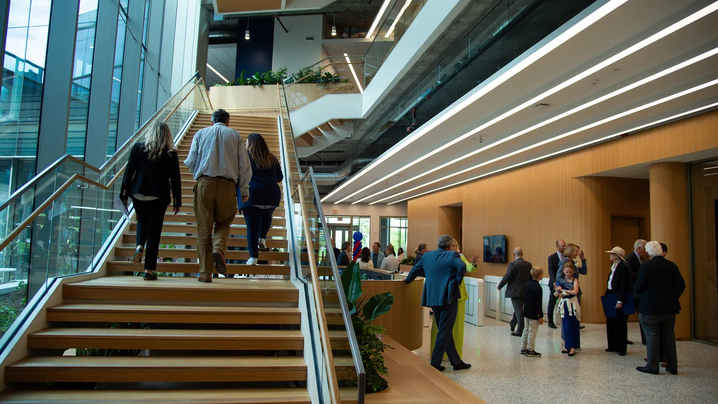 People walk around the new headquarters of Creve Coeur, Missouri-based First Bank.