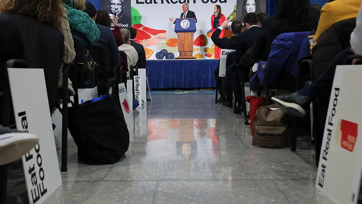 U.S. Secretary of Health and Human Services Robert F. Kennedy Jr. speaks as Agriculture Secretary Brooke Rollins stands nearby