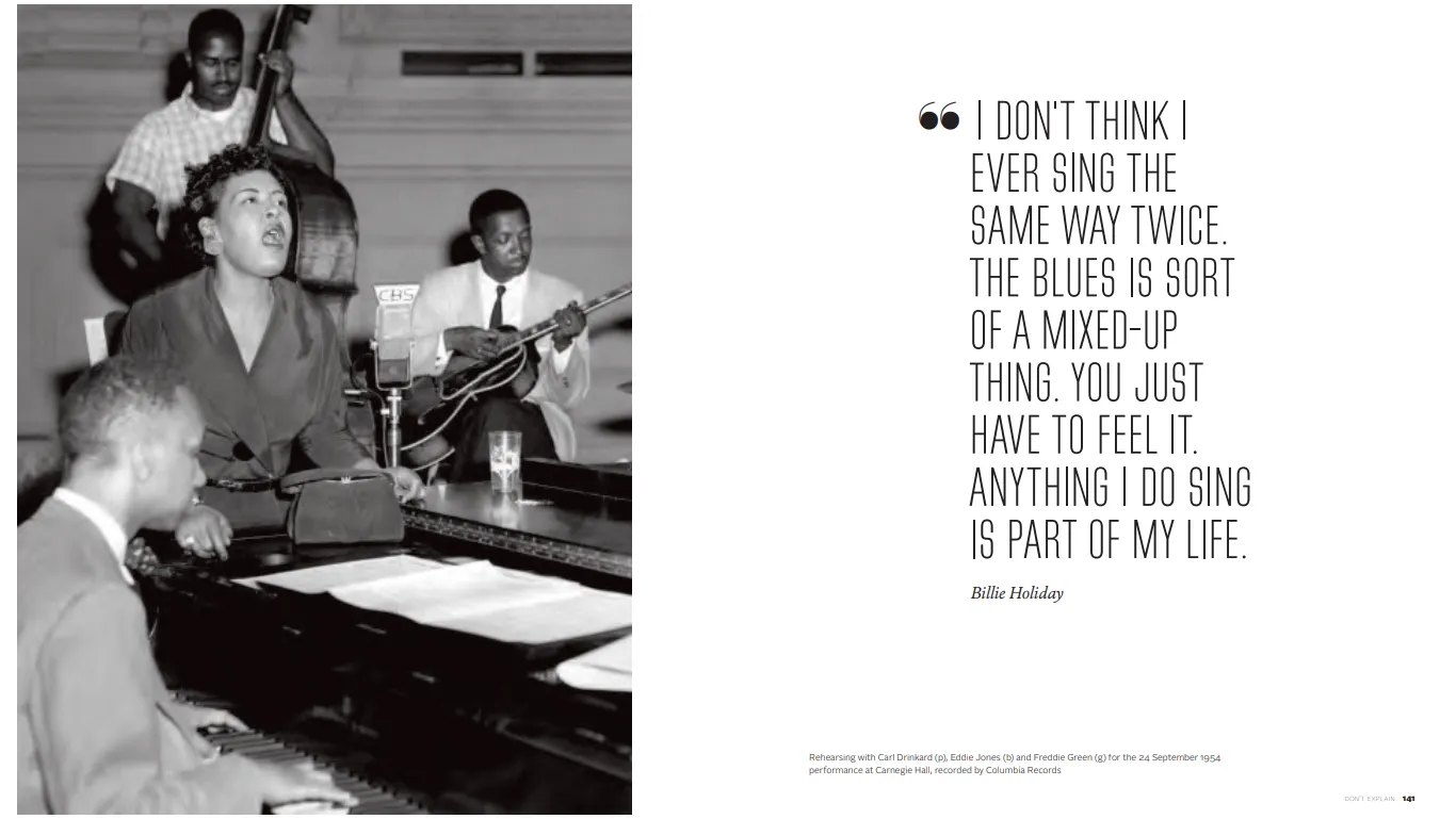 Pages from "Lady Day: Body & Soul" show Billie Holiday performing with bandmates.